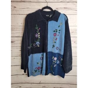 Vtg North Crest Cardigan Sweater Velour Colorblock Embroidered Women's size 2X